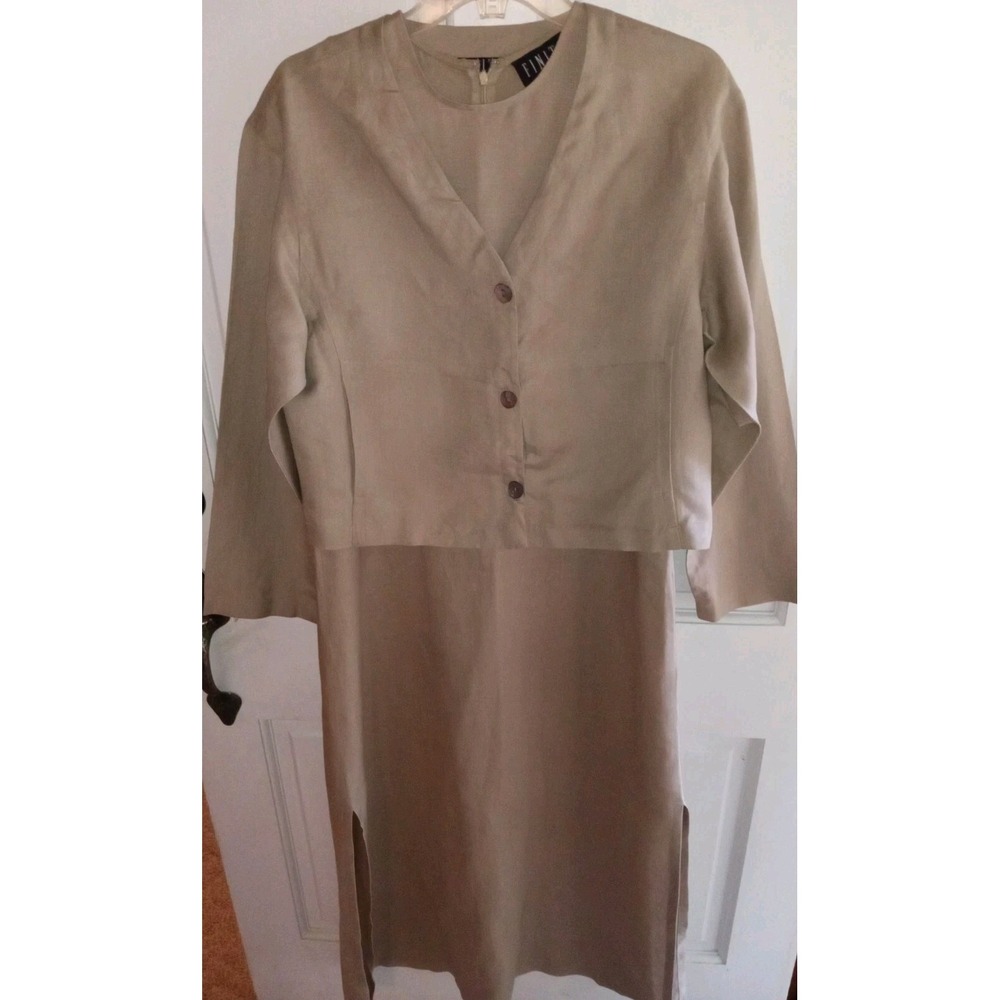 Finity Womens 2 Piece Linen Rayon Dress Set Tan Khaki Jacket & Sleeveless Midi 8